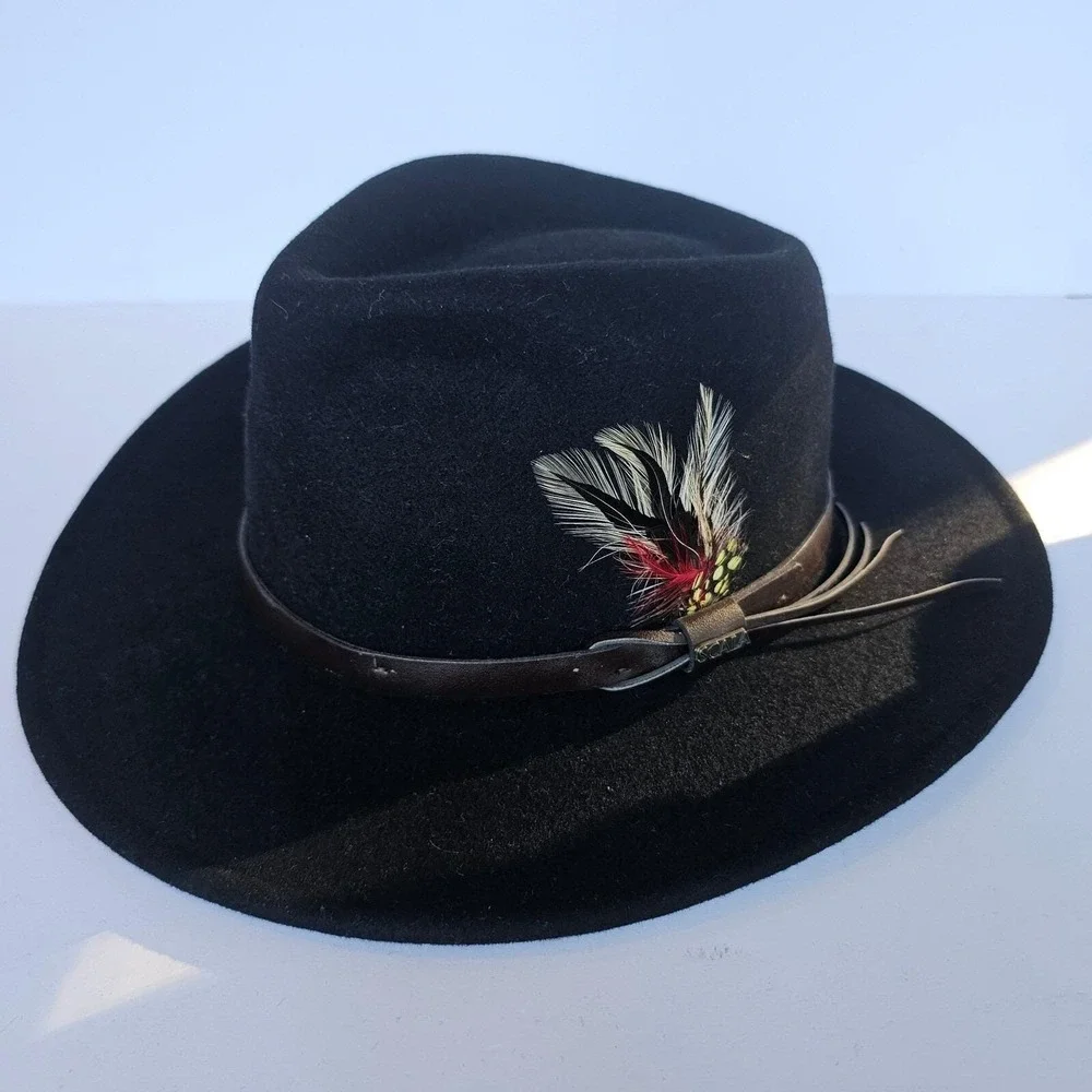 Scala Classic Black Wool Felt Fedora Hat Leather Band Feather Accent Sz7 Outback